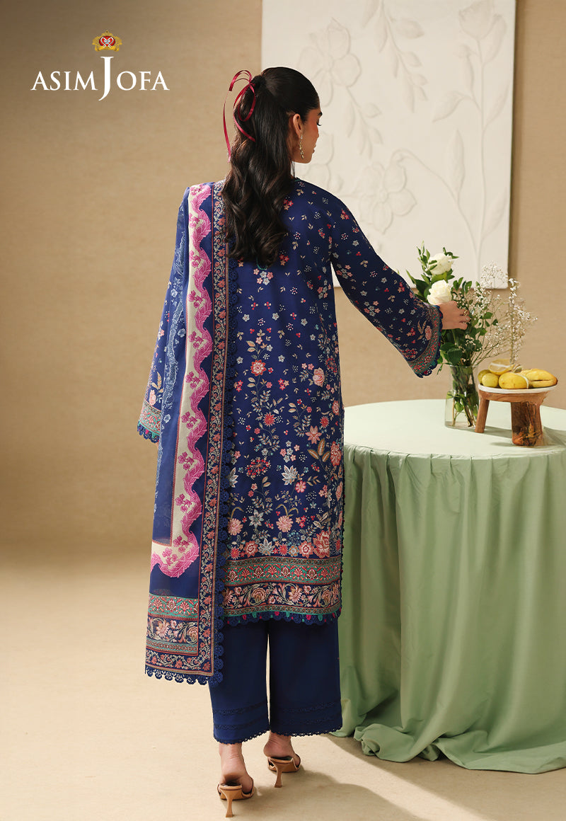 Asim Jofa AJUBC-03 deep blue printed lawn suit – full-length back view showing botanical print and pink-bordered dupatta