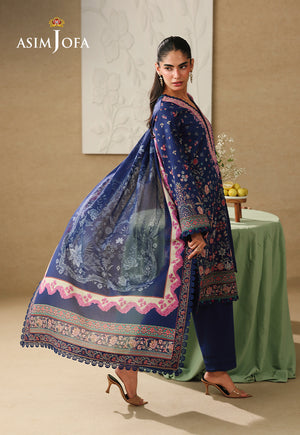 Asim Jofa AJUBC-03 deep blue printed lawn suit – full-length side view with flowing botanical dupatta and pink border