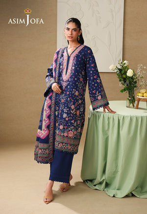Asim Jofa AJUBC-03 deep blue floral printed lawn 3-piece suit – full-length front view with dupatta over one shoulder