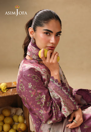 Asim Jofa AJUBC-04 tea pink printed lawn shirt – portrait close-up of floral sleeve and dupatta, with model holding lemons