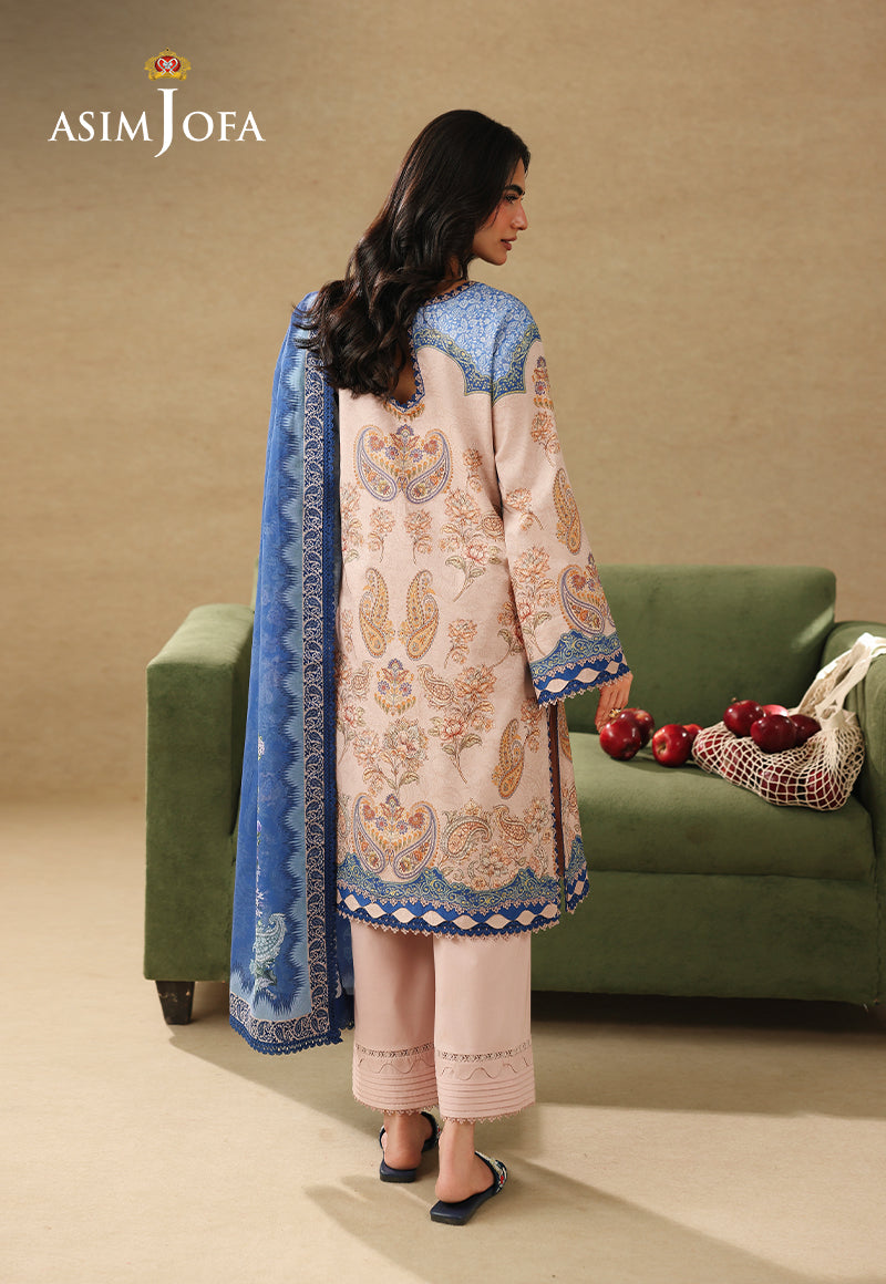 Asim Jofa AJUBC-05 light peach printed lawn suit – full-length back view showing paisley motifs and blue borders