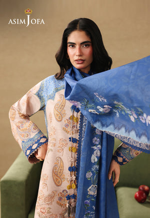 Asim Jofa AJUBC-05 light peach paisley printed lawn shirt – front close-up with blue floral dupatta extended to the side
