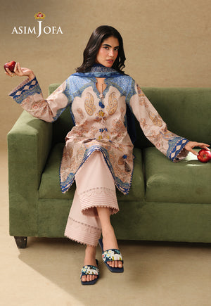 Asim Jofa AJUBC-05 light peach printed lawn 3-piece suit – seated full-length view with blue dupatta and peach trousers