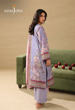 Asim Jofa AJUBC-06 lilac printed lawn suit – full-length angled back view showing floral shirt and patterned hem