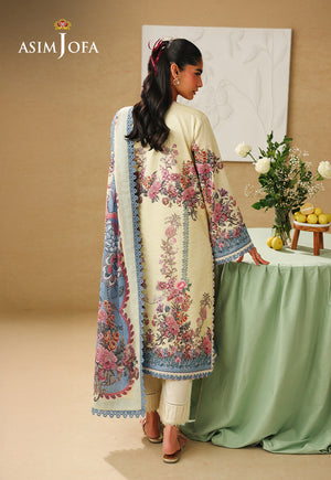 Asim Jofa AJUBC-07 butter yellow printed lawn suit – full-length back view showing pink floral print and blue borders