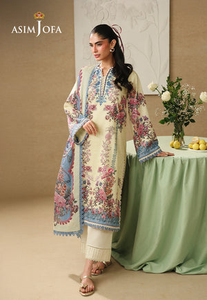 Asim Jofa AJUBC-07 butter yellow printed lawn 3-piece suit – full-length front view beside a table with matching dupatta