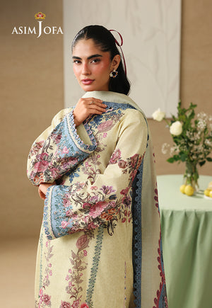 Asim Jofa AJUBC-07 butter yellow floral printed lawn shirt – upper-body view highlighting pink flowers and blue cuffs