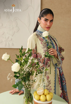 Asim Jofa AJUBC-07 butter yellow floral printed lawn suit – angled upper-body view with model holding a white rose