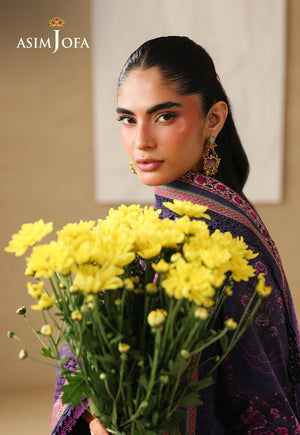 Asim Jofa AJUBC-08 deep purple printed lawn suit – angled portrait with floral dupatta over the shoulder and yellow flowers