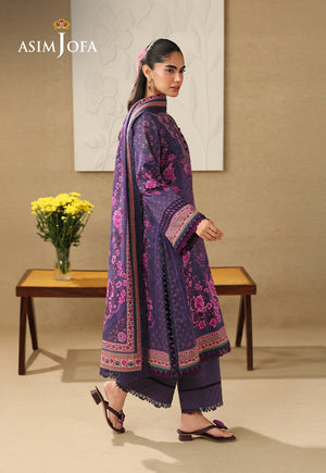 Asim Jofa AJUBC-08 deep purple floral printed lawn suit – full-length side view with matching cambric trousers