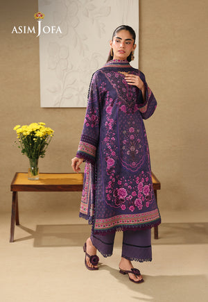 Asim Jofa AJUBC-08 deep purple floral printed lawn suit – angled full-length front view showing patterned cuffs and hem