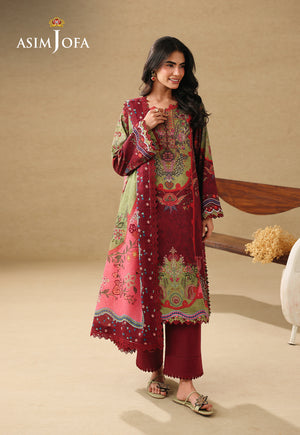 Asim Jofa AJUBC-09 maroon and olive printed lawn 3-piece suit – full-length front view with coordinating dupatta