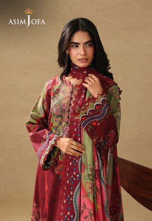 Asim Jofa AJUBC-09 maroon and olive printed lawn shirt – upper-body view highlighting patterned neckline and cuffs