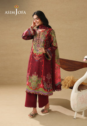 Asim Jofa AJUBC-09 maroon printed lawn 3-piece suit – full-length front view with coordinating dupatta around the neck