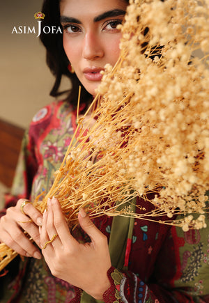 Asim Jofa AJUBC-09 campaign portrait – model in maroon and olive printed lawn holding dried flowers beside her face