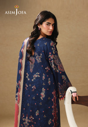 Asim Jofa AJUBC-10 navy blue floral printed lawn shirt – angled back view showing scattered floral motifs and dupatta