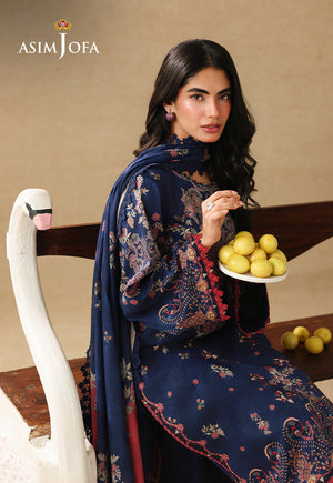 Asim Jofa AJUBC-10 navy blue floral printed lawn suit – seated view with matching dupatta and model holding a plate of lemons