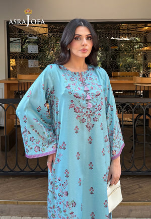 Asra Jofa ASPS-01 ice blue printed charmeuse silk shirt – upper-body view showing floral neckline and lilac tassels
