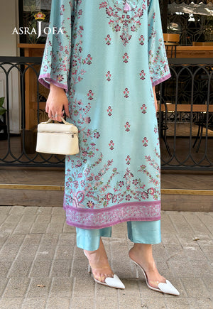 Asra Jofa ASPS-01 ready-to-wear silk co-ord set – lower front view showing lilac floral hem and matching ice blue trouser