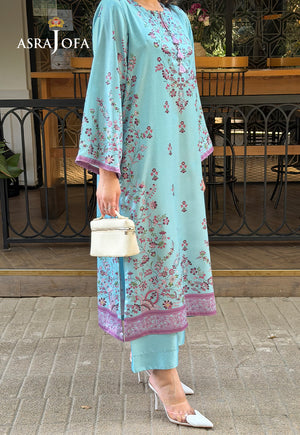 Asra Jofa ASPS-01 ice blue charmeuse silk co-ord set – angled detail view showing side slit, floral border and matching trouser
