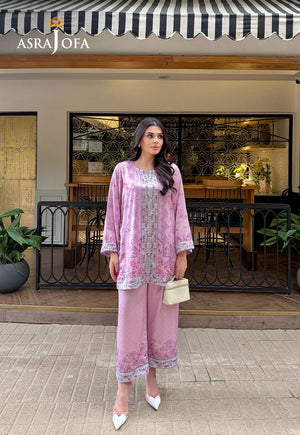 Asra Jofa ASPS-02 pastel silk pret 2-piece co-ord – full-length front view showing wide-leg trouser and floral borders