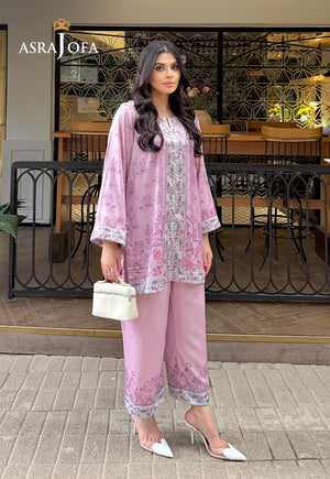 Asra Jofa ASPS-02 lilac floral printed silk co-ord set – three-quarter front view highlighting pale blue shirt and trouser borders