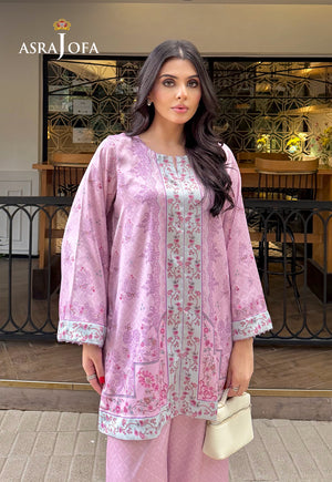 Asra Jofa ASPS-02 lilac printed charmeuse silk shirt – upper-body view showing floral front panel and wide bordered sleeves