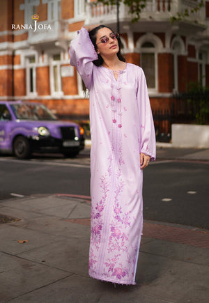 Rania Jofa Lyra RJPS-01 lilac charmeuse silk floral embroidered maxi dress – full length front facing London road view with sunglasses