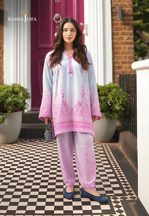 Rania Jofa Candy RJPS-02 blue-to-pink ombre charmeuse silk floral printed shirt & trousers – full length front facing London doorstep on checkered floor