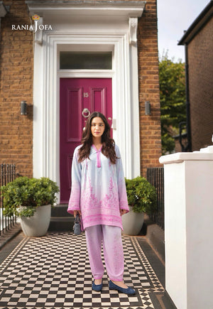 Rania Jofa Candy RJPS-02 blue-to-pink ombre charmeuse silk floral printed 2 pcs co-ord set – full length front facing London townhouse doorstep view
