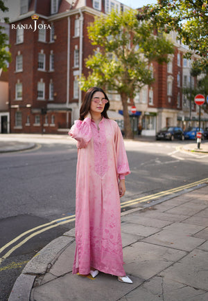 Rania Jofa Peach Sorbet RJPS-03 coral pink charmeuse silk printed long shirt with balloon sleeves – full length side facing London street view