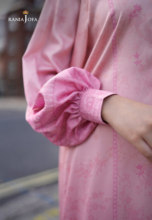 Rania Jofa Peach Sorbet RJPS-03 coral pink charmeuse silk shirt – close-up of puffed balloon sleeve and embroidered cuff detail
