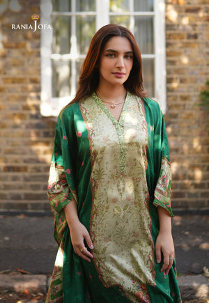 Rania Jofa Emerald RJPS-06 cream charmeuse silk scenic printed shirt with emerald green dupatta – upper body front facing London brick wall view with gold necklace
