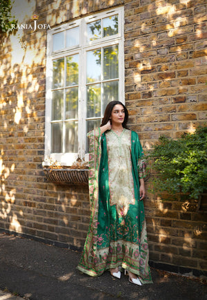 Rania Jofa Emerald RJPS-06 cream charmeuse silk floral printed shirt with emerald green printed dupatta – full length side-facing London brick wall window view