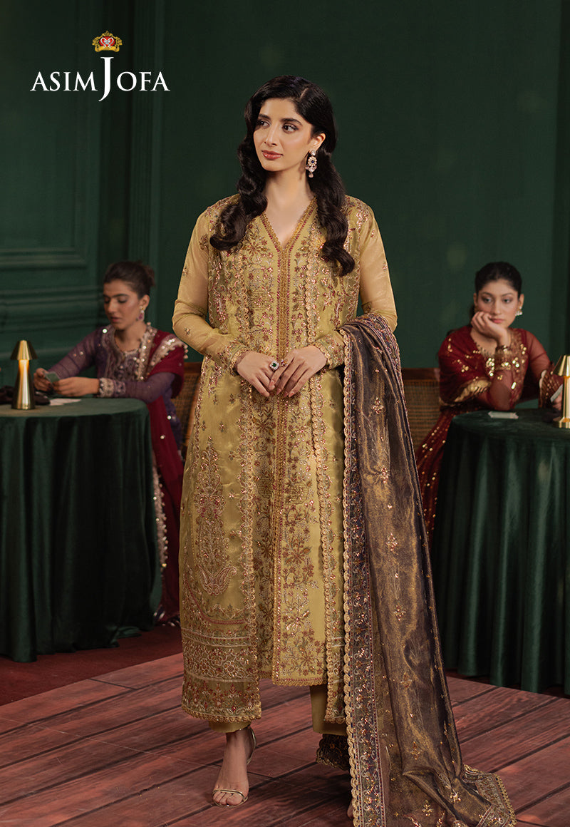 AJPFD-26 EMBROIDERED ZARI NET Stitched 3 PCS