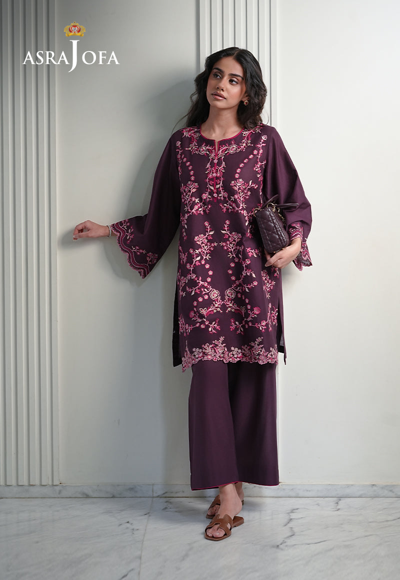 Asra Jofa ASAE-05 dark purple all-over floral embroidered cambric stitched kurta with straight trousers â€“ women's Pakistani suit