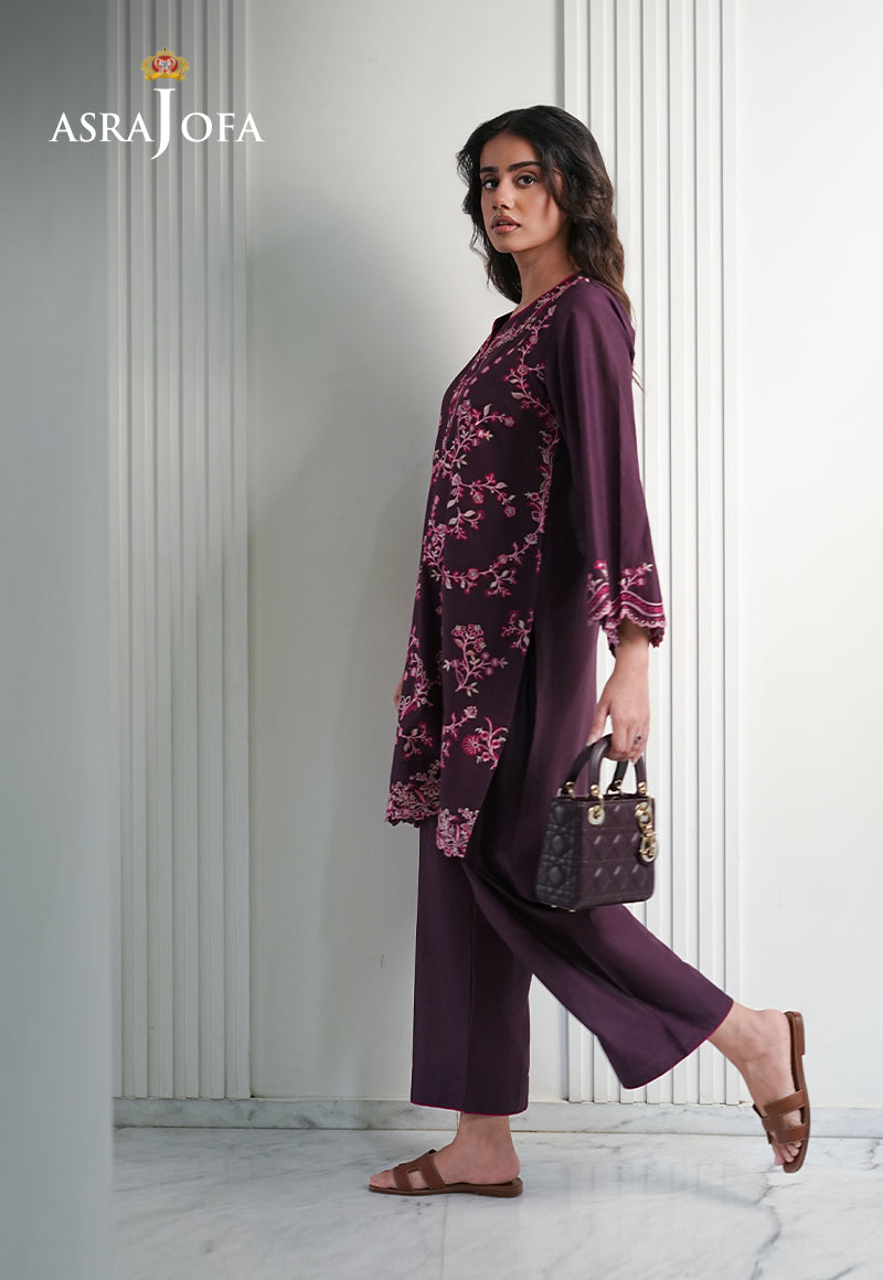 Asra Jofa ASAE-05 plum embroidered cambric 2-piece stitched suit â€“ full length side view with bell sleeves and wide-leg pants