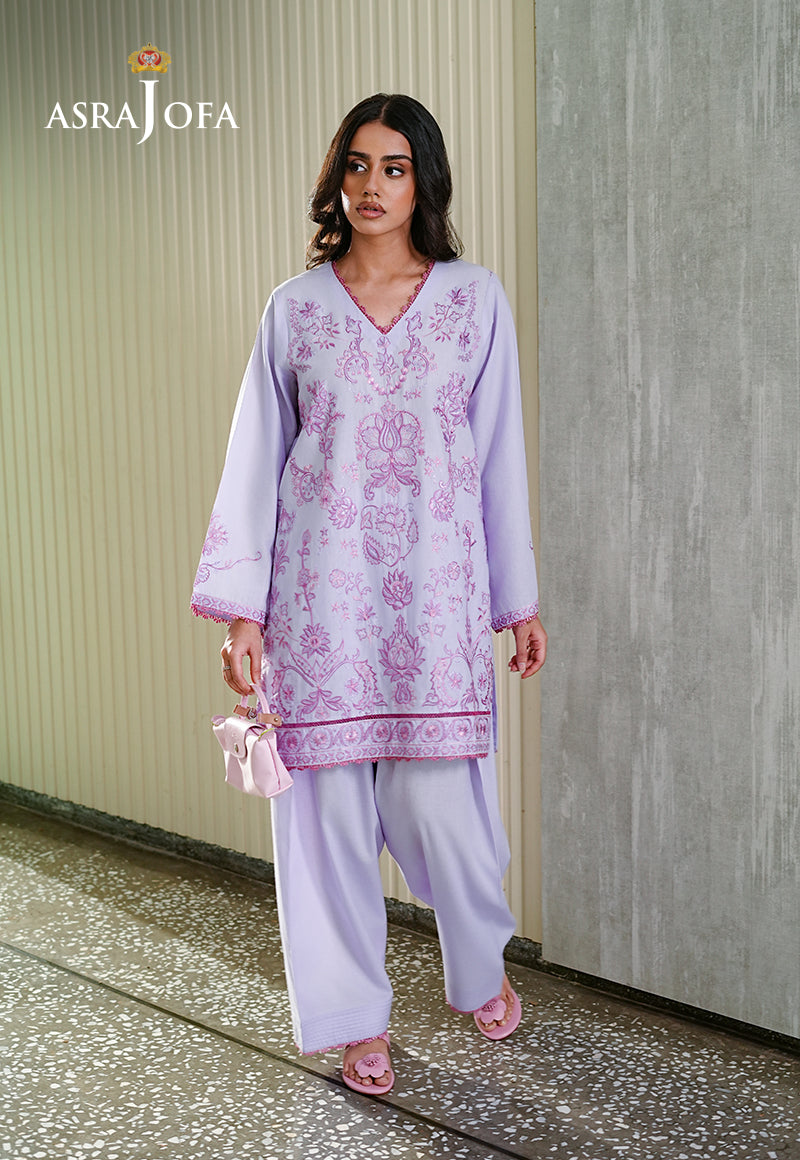 Asra Jofa ASAE-01 lavender embroidered cambric kurti with salwar â€“ front view, model walking