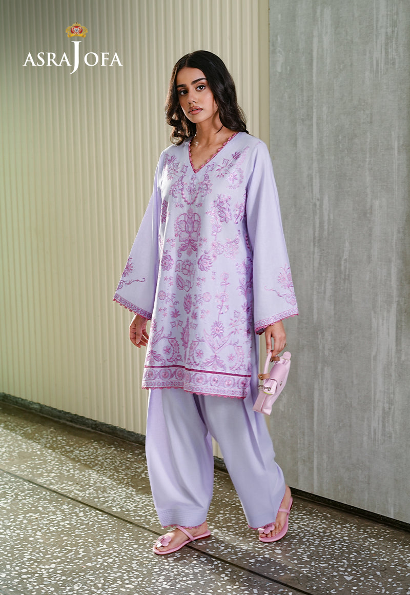 Asra Jofa ASAE-01 lavender embroidered cambric 2-piece suit â€“ front facing full length view