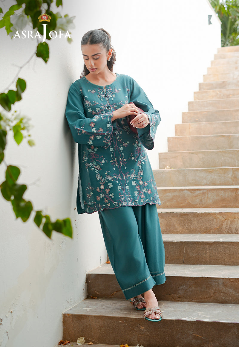 Asra Jofa ASAE-02 teal green embroidered cambric 2-piece suit â€“ full length front view with salwar