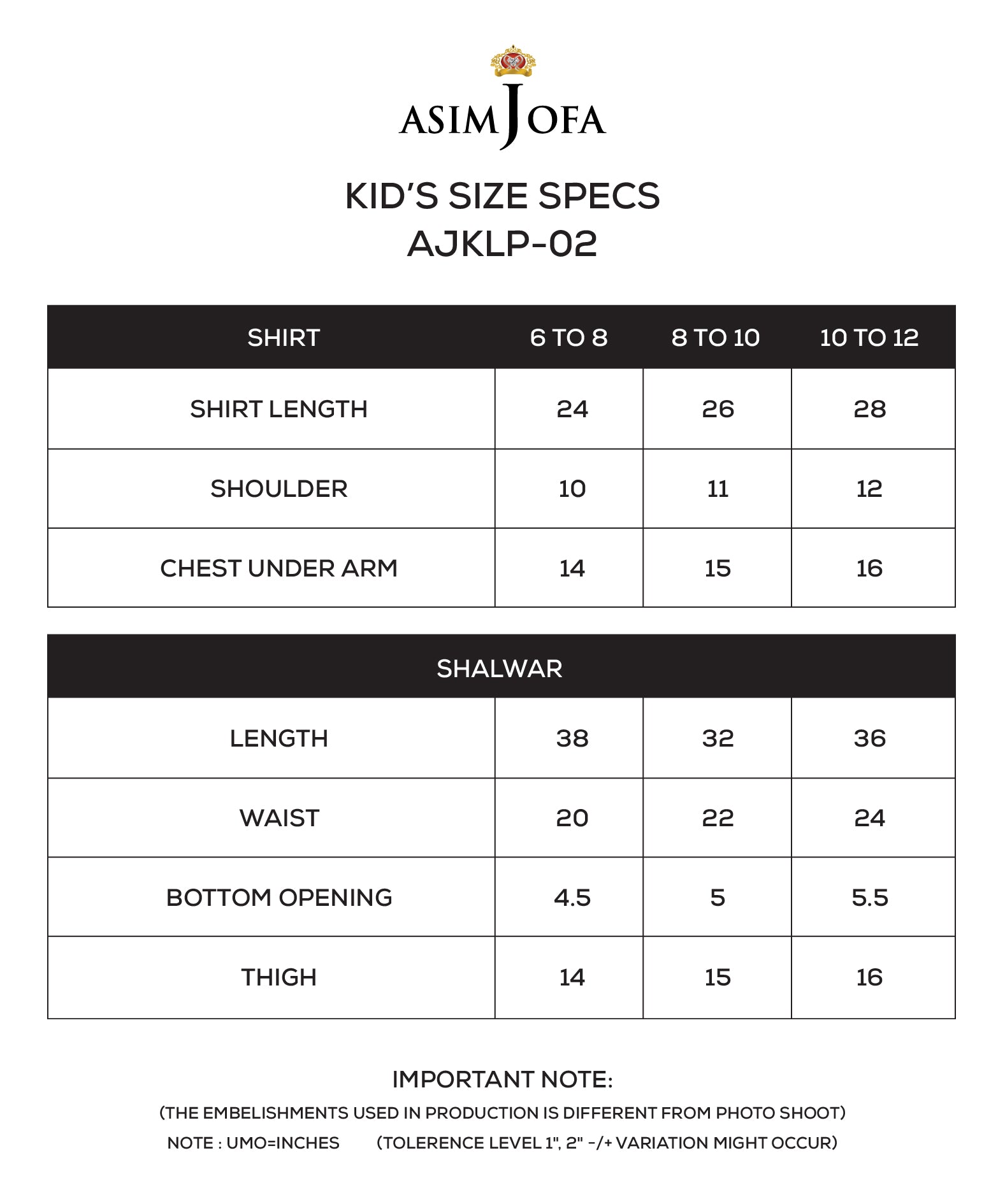AJKLP-02 Embroidered Lawn Silk Stitched 2 Pcs Size Chart