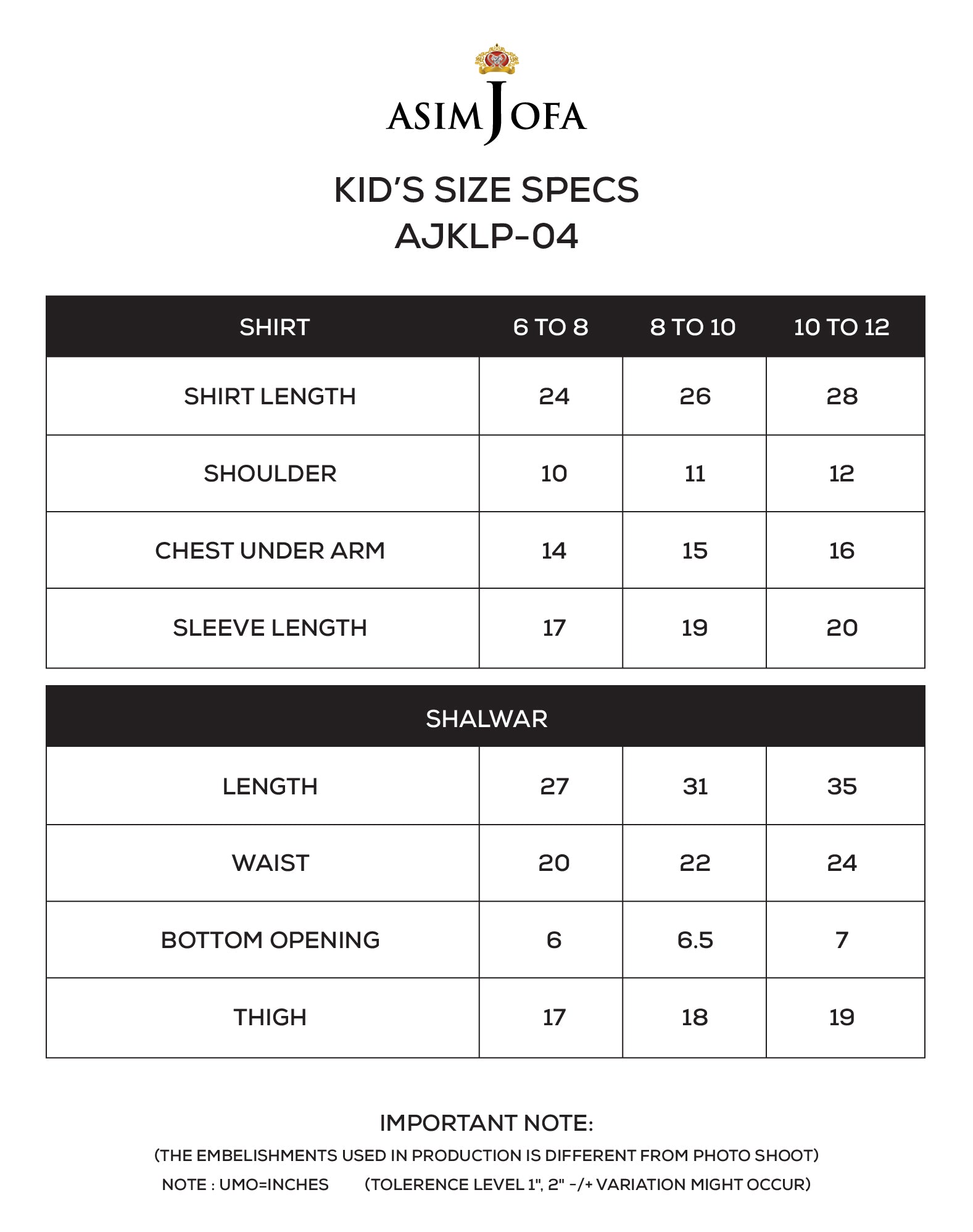 AJKLP-04 Embroidered Jumbo Silk Stitched 2 Pcs Size Chart