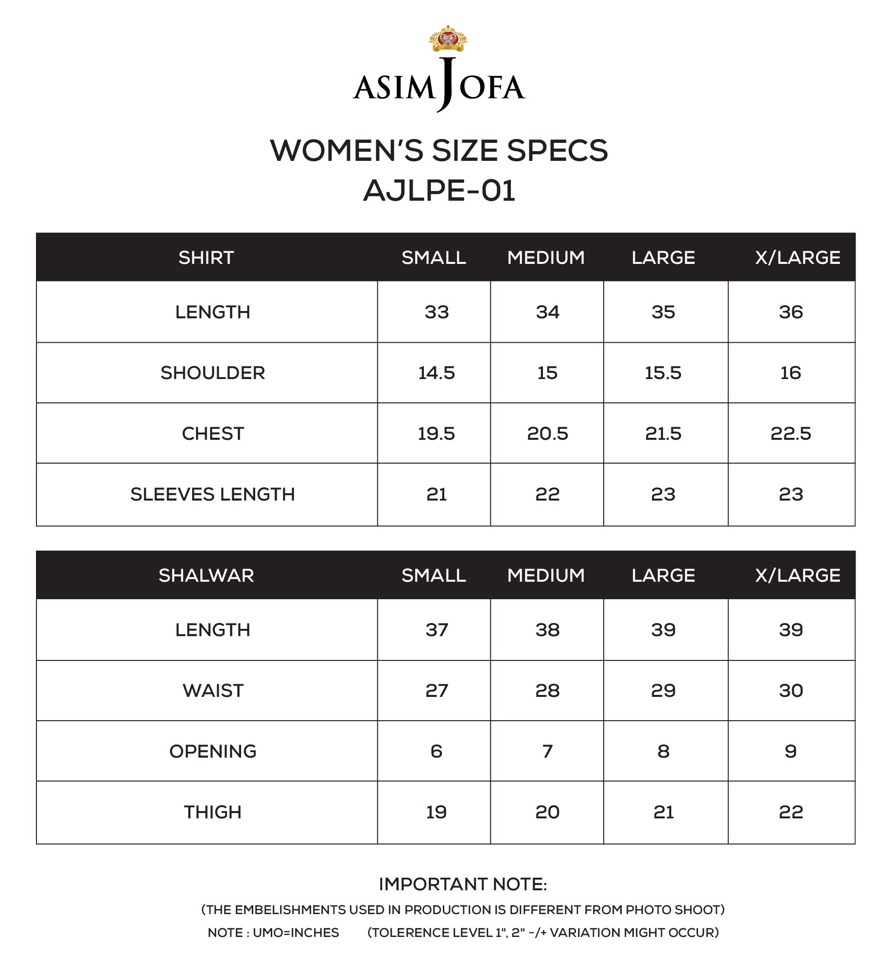 AJLPE-01 Embroidered Boski Silk Stitched 2pcs Size Chart