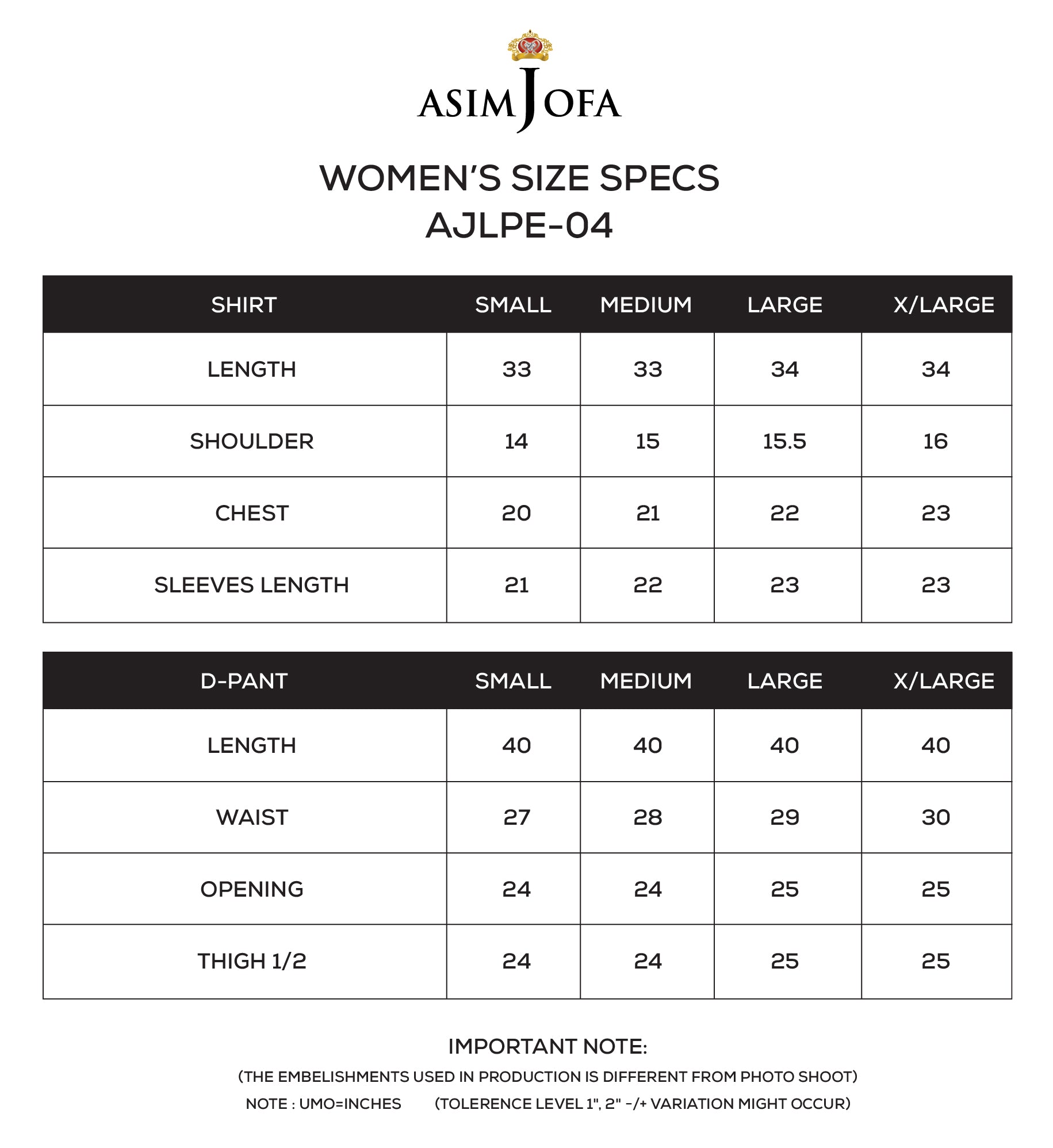 AJLPE-04 Embroidered Boski Silk Stitched 2pcs Size Chart