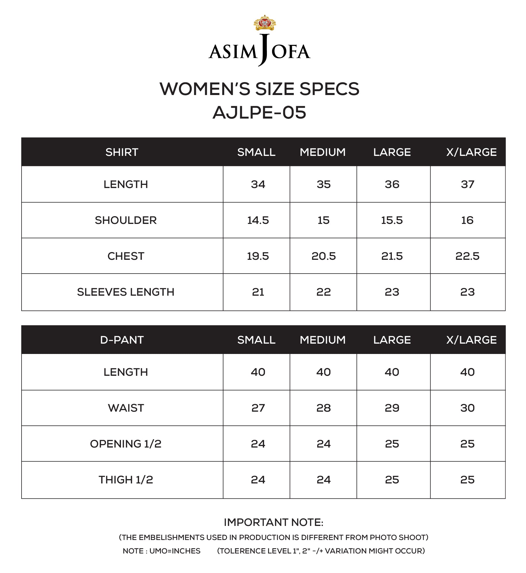 AJLPE-05 Embroidered Exclusive Silk Stitched 2pcs Size Chart
