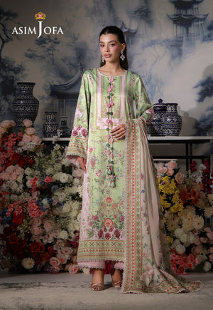 Asim Jofa AJCS-01 mint green floral printed charmeuse silk 3-piece suit – full-length front view with pastel silk dupatta