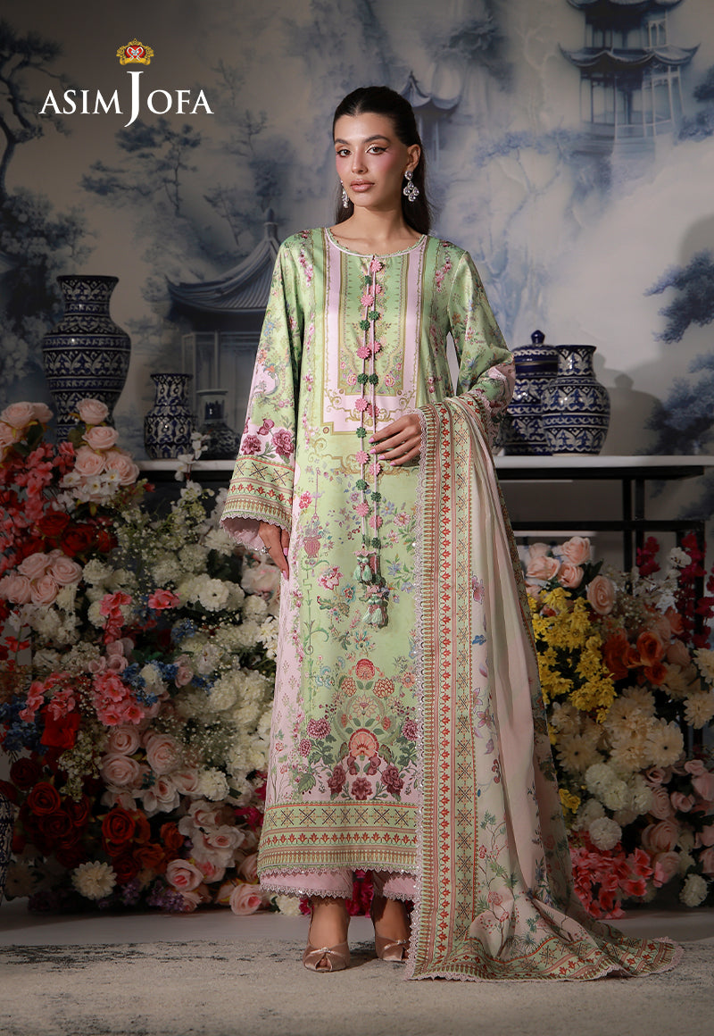 Asim Jofa AJCS-01 mint green floral printed charmeuse silk 3-piece suit – full-length front view with pastel silk dupatta