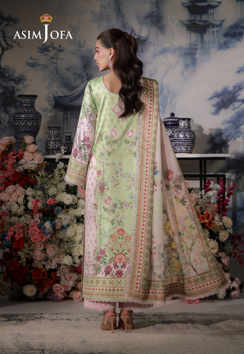 Asim Jofa AJCS-01 mint green printed charmeuse silk suit – full-length back view showing floral shirt and silk dupatta