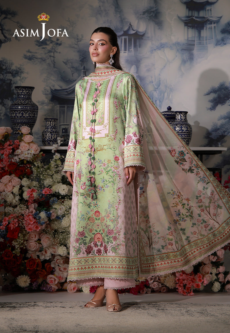 Asim Jofa AJCS-01 mint green floral printed charmeuse silk suit – angled full-length front view with flowing pastel dupatta