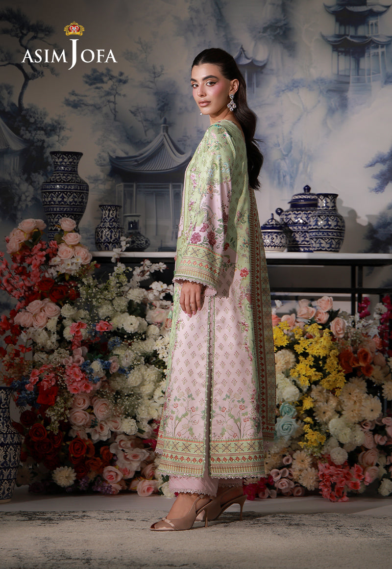 Asim Jofa AJCS-01 mint green and pastel pink printed charmeuse silk suit – full-length side view with raw silk trousers